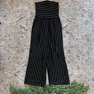 Altar’d State black and white stripe strapless jumpsuit with sleeves